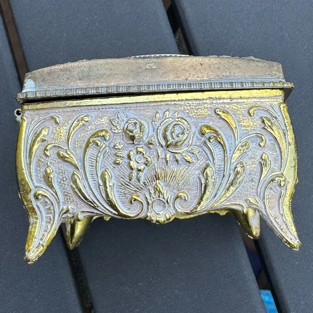 Vintage Footed Square Metal Jewelry Trinket Box Red Velvet Lined Japan